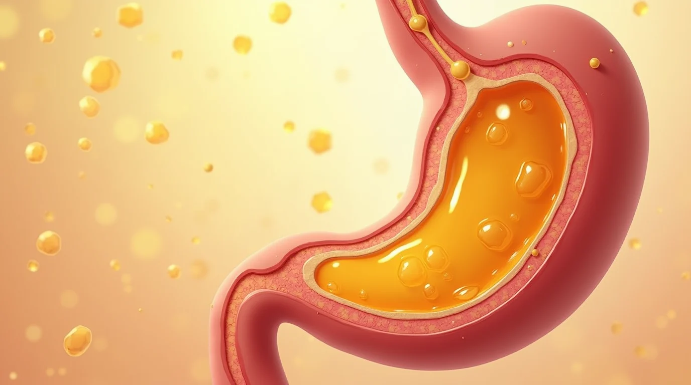 Illustration of stomach lining healing while honey forms a gentle protective layer, realistic style, medical diagram aesthetics