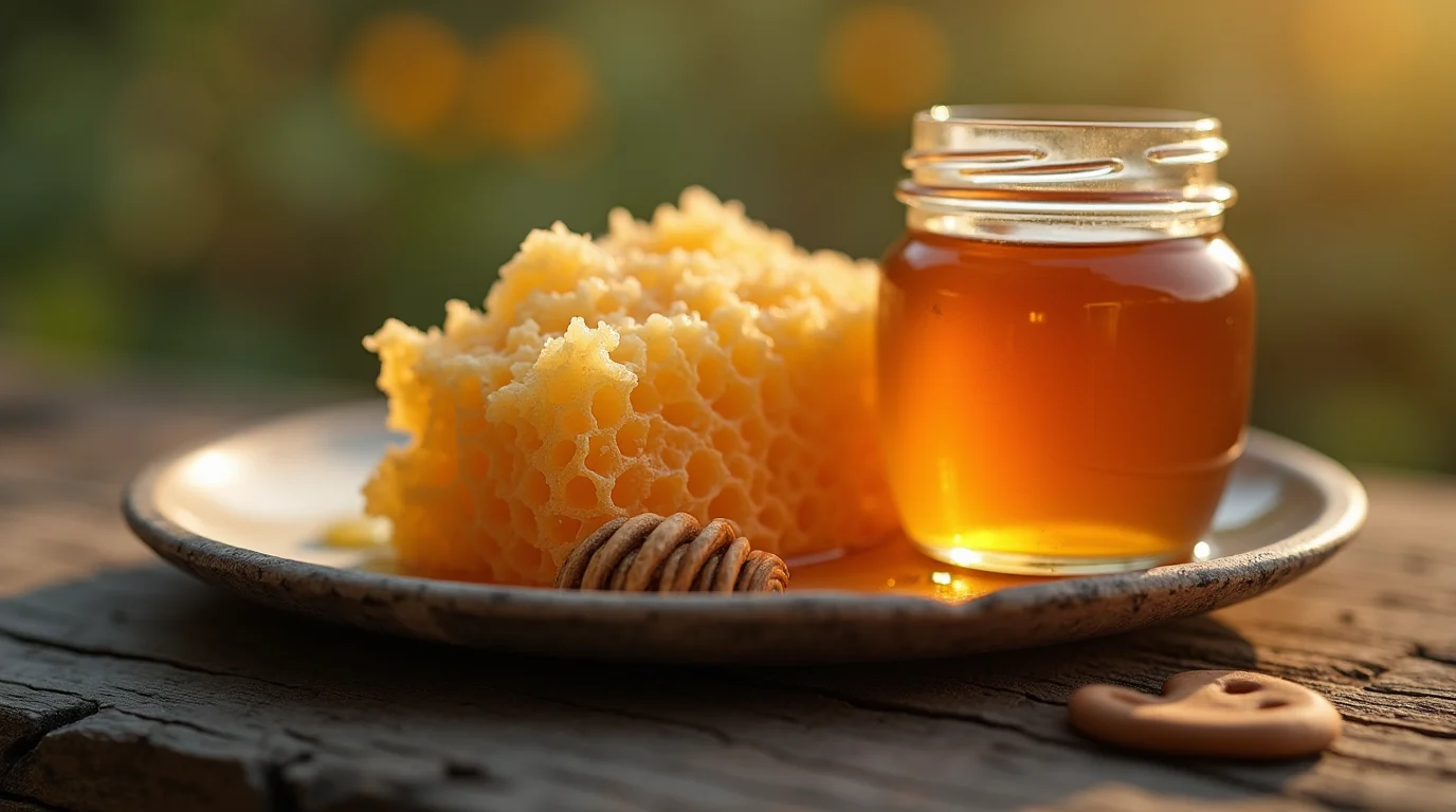 Macro shot of a honeycomb chunk on a rustic plate with a small jar of raw honey beside it, soft morning light, shallow depth of field