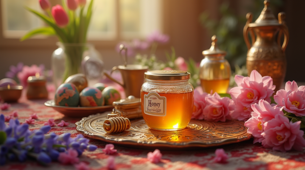 سفره هفتسین چیده شده در نوروز، همراه با ظرف عسل طبیعی و گلهای بهاری برای نشان دادن اهمیت عسل در آغاز سال نو.