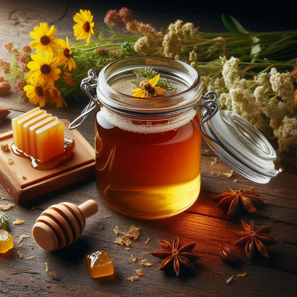 ظرفی شیشهای از عسل طبیعی وحشی در کنار تکههای موم عسل و گلهای وحشی، برای نمایش طبیعی بودن و کیفیت بالای محصول.