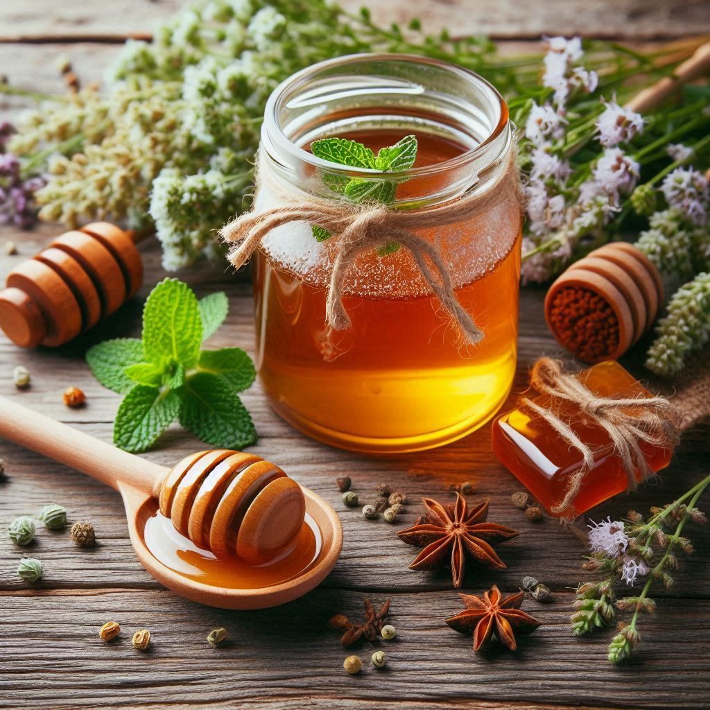یک شیشه عسل طبیعی در کنار گیاهان دارویی با یک قاشق عسل که آماده استفاده برای ماسک صورت است.
عسل طبیعی برای پوست
