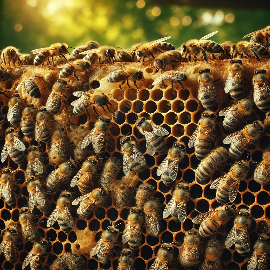 A close-up view of a hive frame covered with numerous bees, showcasing their busy activity. The bees, predominantly black and yellow, are clustered around honeycomb cells filled with honey and capped brood. The background consists of soft green foliage, highlighting the natural setting.