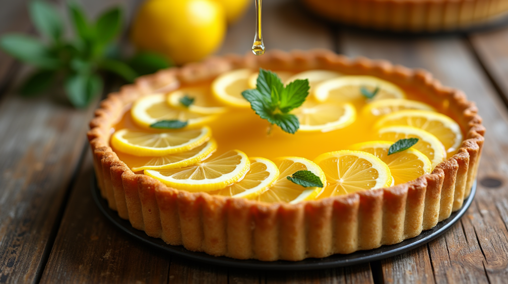 A beautifully crafted honey and lemon tart with a golden, buttery crust. The tart is filled with a smooth, creamy lemon filling, topped with a glossy honey glaze and thin lemon slices arranged in a delicate pattern. A few small mint leaves are used as garnish, and a light drizzle of honey is added on top. The scene is set on a rustic wooden table, with soft natural light illuminating the vibrant colors of the lemon and honey, creating a fresh and inviting atmosphere.