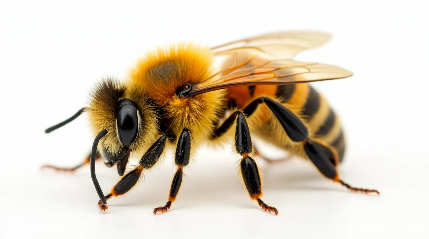 A close-up, high-resolution image of a honey bee, showcasing its fuzzy, yellow-brown body with distinct black stripes. The bee has large, dark eyes and transparent wings positioned above its thorax. The background is plain white, emphasizing the intricate details of the bee's anatomy.