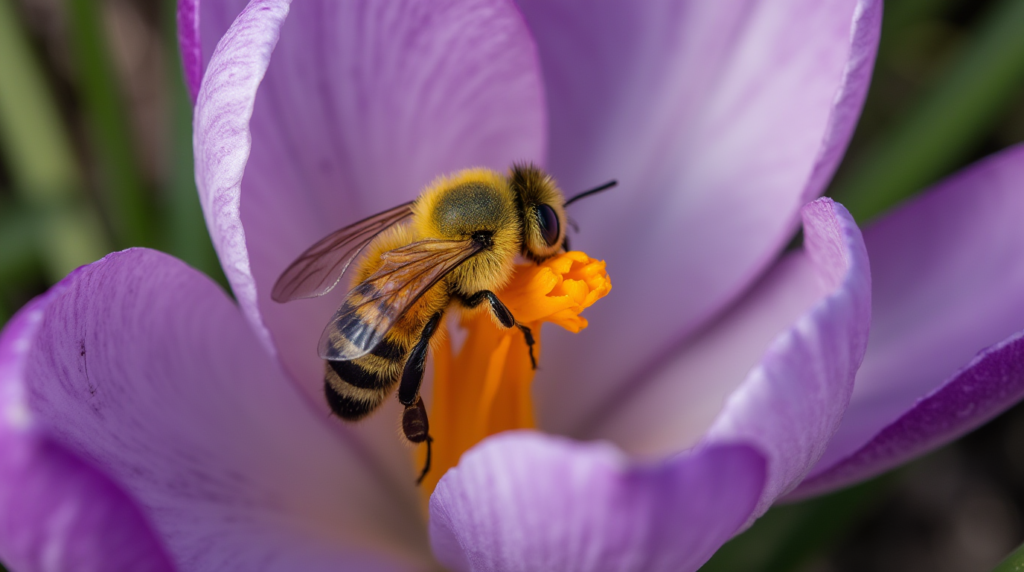 A close-up image of a bee covered in yellow pollen, collecting nectar from the bright yellow stamens of a purple crocus flower. The delicate petals of the flower curve around the bee, showcasing the vibrant colors and intricate details of both the bee and the blossom, set against a blurred natural background.