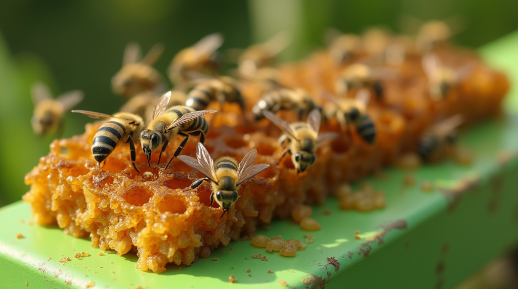 A vibrant green beehive surface swarming with honey bees, showcasing their yellow and black striped bodies. The bees are in various positions, some flying while others are perched on the hive. Shadows cast by the bees emphasize their movement, creating a lively and dynamic scene.