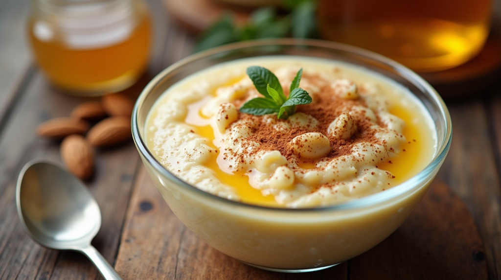 A creamy rice pudding served in a clear glass bowl, topped with a golden drizzle of honey and a sprinkle of cinnamon powder. The dish is garnished with a small sprig of mint and a few almonds scattered around. The setup includes a rustic wooden table, soft natural light, and a warm background with a jar of honey and a small spoon resting beside the bowl