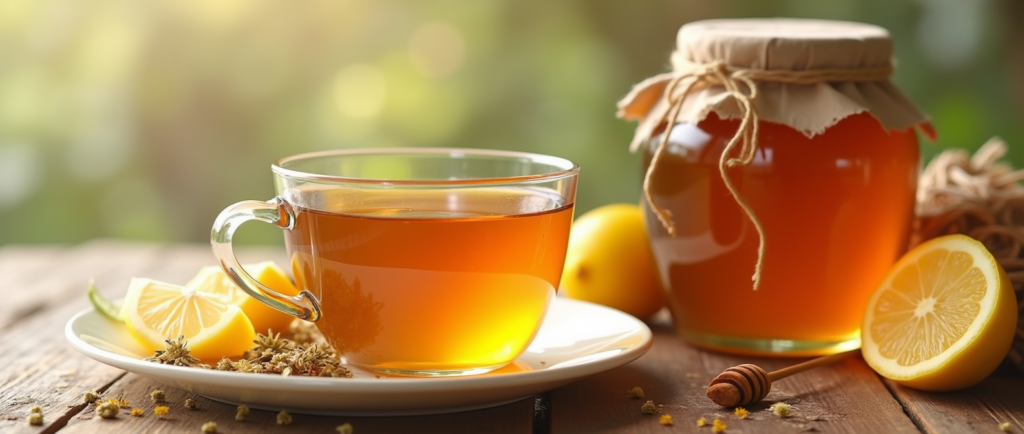 فنجان چای با عسل و لیمو در کنار شیشه عسل طبیعی