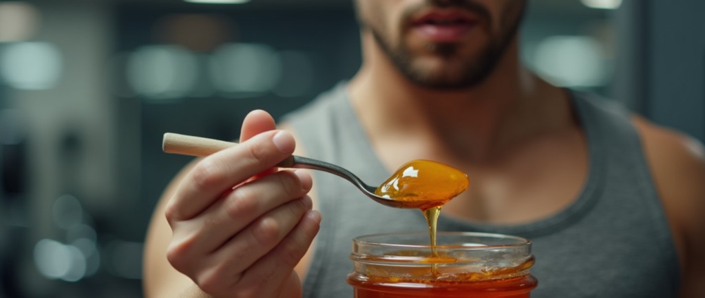 ورزشکاری که قبل از تمرین برای افزایش انرژی عسل مصرف میکند