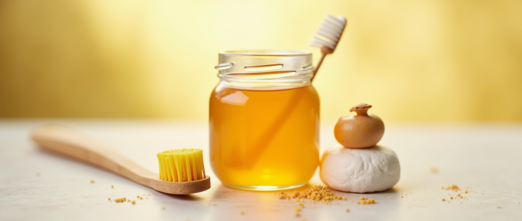 عسل طبیعی در کنار مسواک و خمیردندان، نشاندهنده استفاده از عسل در بهداشت دهان و دندان