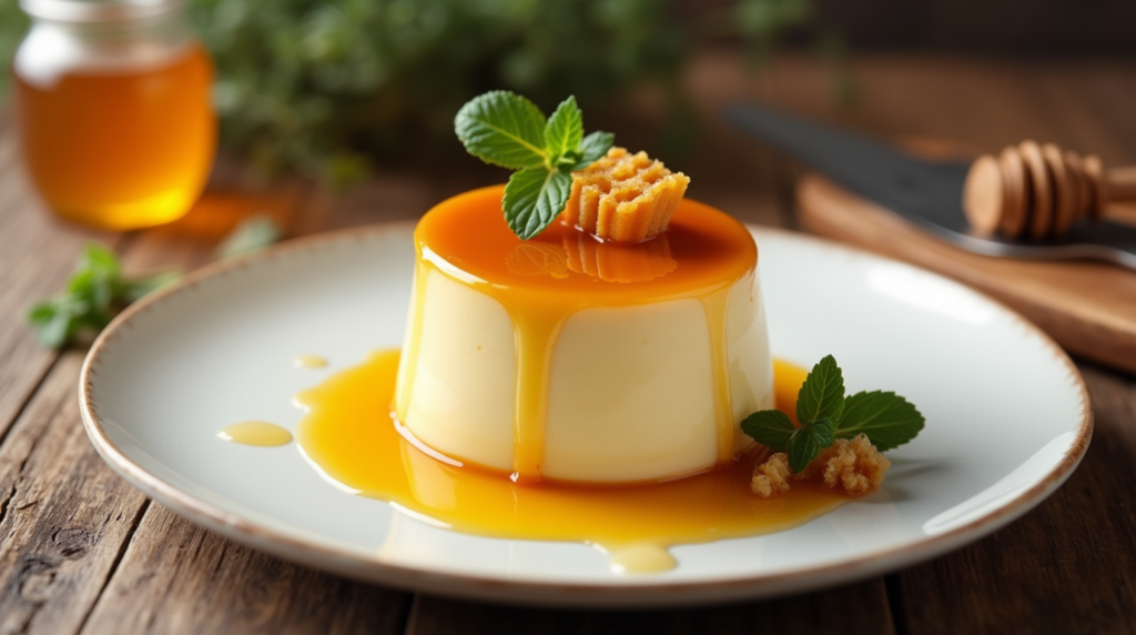 A perfectly set crème caramel dessert on a white ceramic plate, topped with a glossy layer of golden honey glaze gently dripping down the sides. The dish is surrounded by a few drops of honey on the plate, garnished with a sprig of fresh mint and a delicate honeycomb piece. The setting includes a rustic wooden table, soft natural lighting, and a cozy background with a jar of honey and a small spoon nearby.