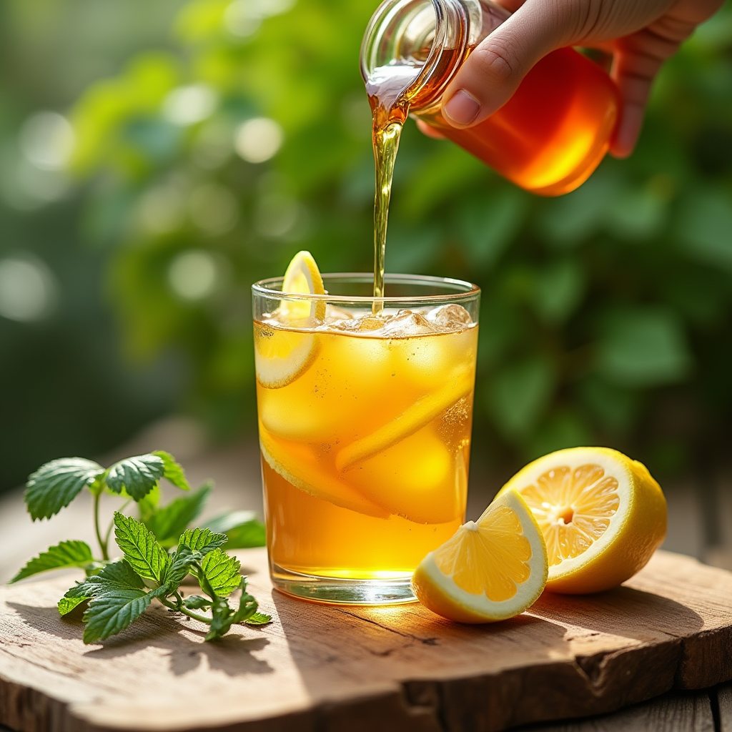 A transparent jar of Sidr honey (dark amber color) being poured into a clear glass filled with water and slices of bright yellow lemon, placed on a textured wooden table. Around the glass, there are freshly cut lemon slices and small mint sprigs. The background is slightly blurred, showing green plants bathed in natural daylight, evoking a sense of freshness and nature.