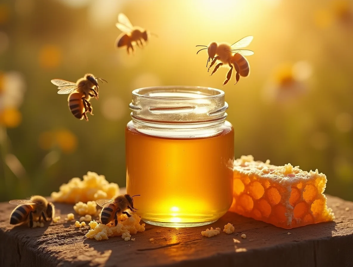A vibrant, high-resolution image featuring a clear glass jar filled with golden honey placed on a rustic wooden surface. Surrounding the jar are natural pieces of honeycomb and a subtle scattering of pollen. In the background, bees are seen in mid-flight against a sunlit, floral landscape, with warm golden light accentuating the rich texture and authenticity of the honey. This visually striking scene is designed as a featured image for an article exploring the myths and truths about honey production.