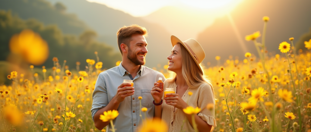 زن و مردی در طبیعت در حال مصرف عسل برای بهبود تعادل هورمونی