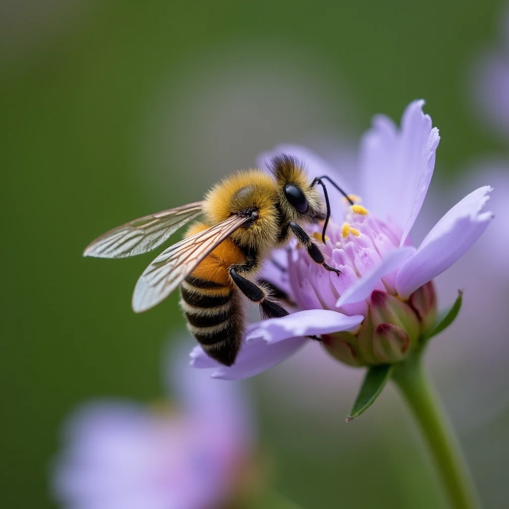 Close-up of a honeybee perched on a light purple flower. The bee is highly detailed, with thin transparent wings, a fuzzy yellow and black body. The background is blurred and green, with the flowers slightly off-center. Natural and soft lighting highlights the details of the bee and flowers.